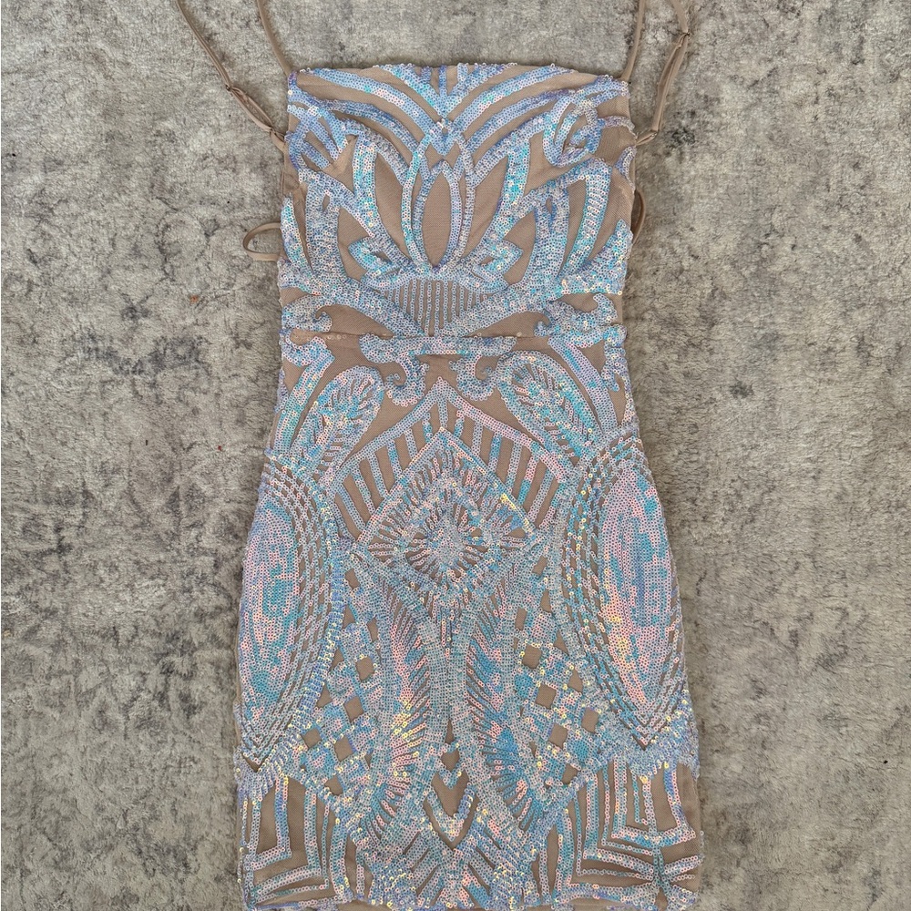 Lucy In The Sky Sequin Embellished Blue and Tan Homecoming Prom Dress